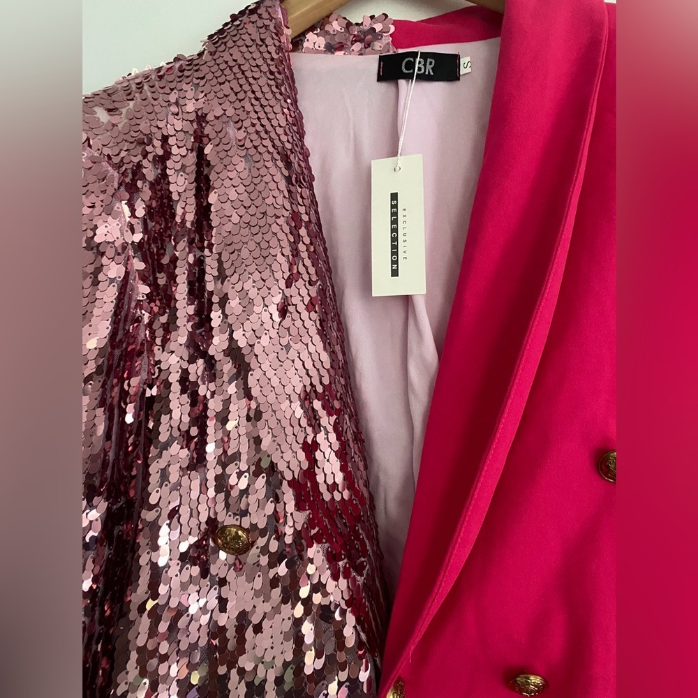 Blazer Vibrant Pink Sequin Blazer with Feather Trim - Picture 4 of 10
